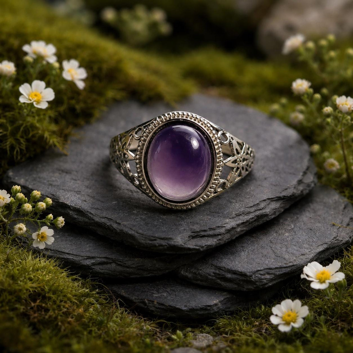 Amethyst Filigree Ring in 925 Sterling Silver - Adjustable Purple Cabochon Goth Jewellery Celtic Dragon Jewellery