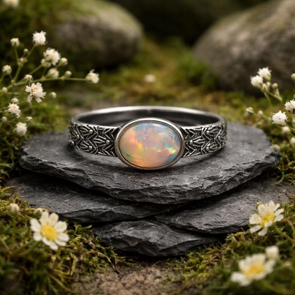 Fire Opal Ring in 925 Sterling Silver - Adjustable Antiqued Chevron Goth Jewellery Celtic Dragon Jewellery