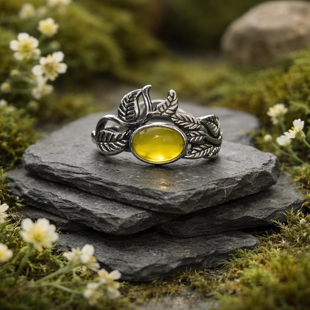 Vine Leaf Ring with Gold Prehnite in 925 Sterling Silver - Adjustable Forest Goth Jewellery Celtic Dragon Jewellery