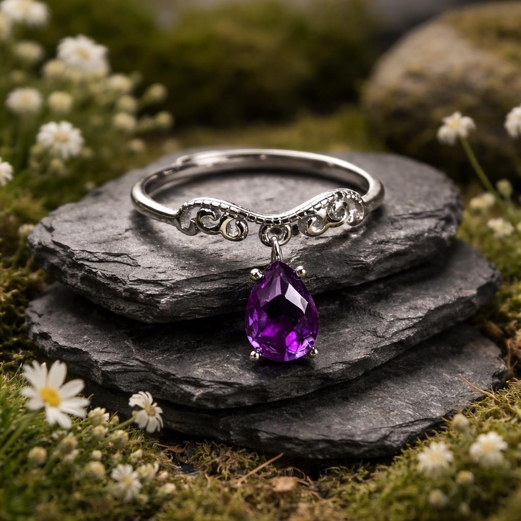 Amethyst Dangle Ring in 925 Sterling Silver - Adjustable Chevron Scroll Goth Jewellery Celtic Dragon Jewellery