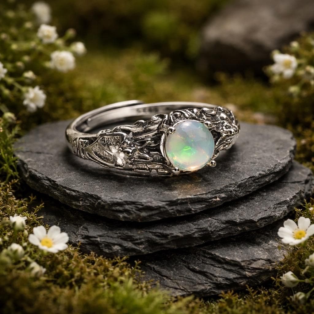 Bat Ring with Opal in 925 Sterling Silver - Adjustable Gothic Vampire Jewellery Celtic Dragon Jewellery