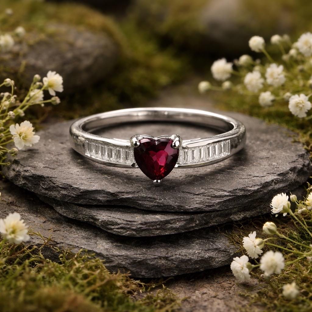 Garnet Heart Ring with Baguette CZ in 925 Sterling Silver - Adjustable Dark Romance Jewellery Celtic Dragon Jewellery