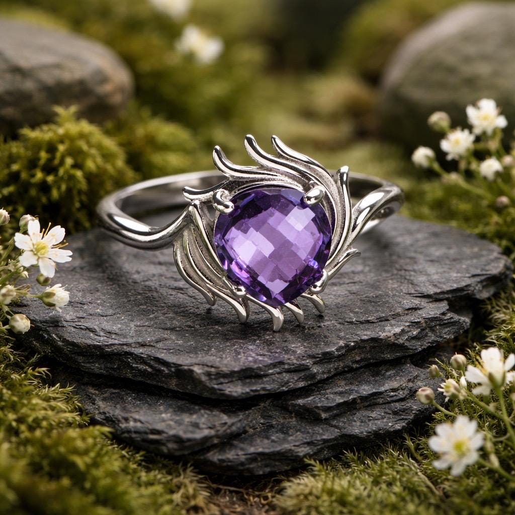 Winged Amethyst Ring in 925 Sterling Silver - Adjustable Dark Angel Jewellery Celtic Dragon Jewellery