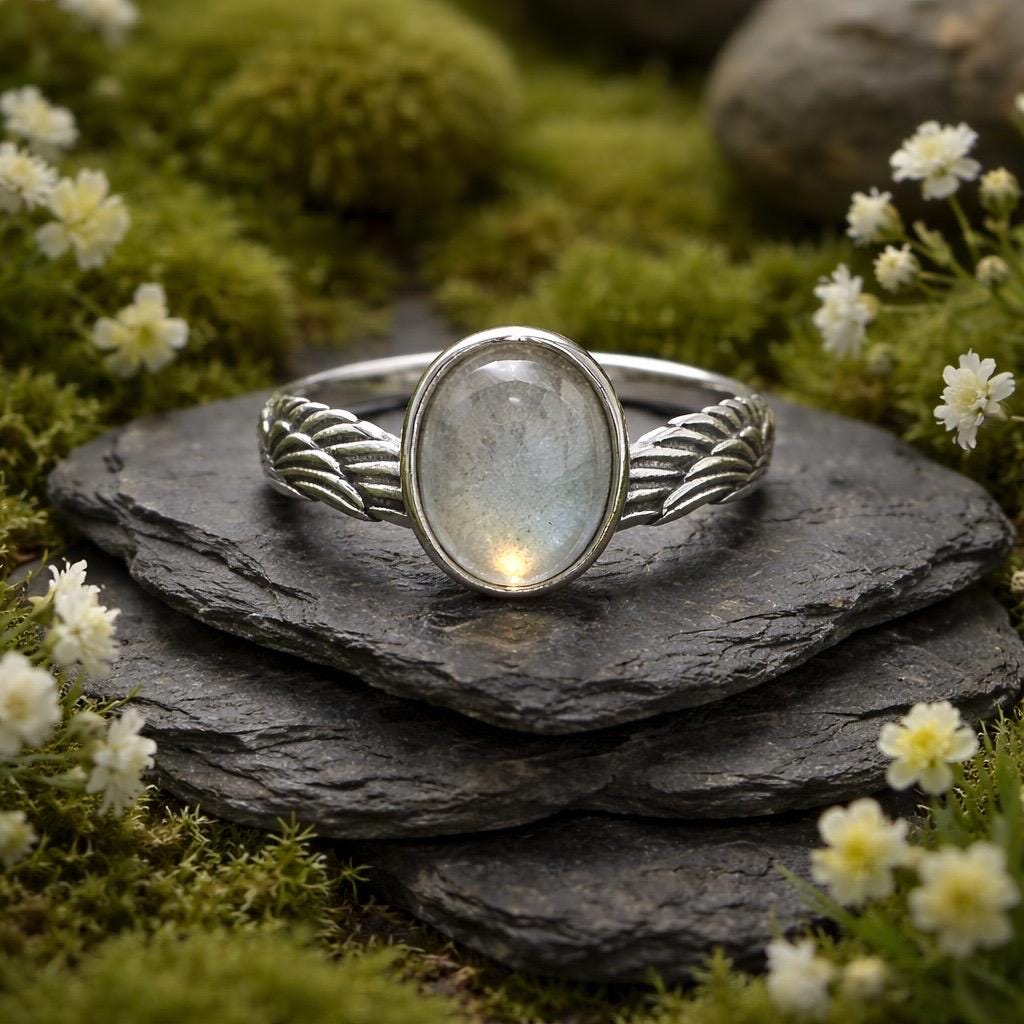 Angel Wing Ring with Labradorite in 925 Sterling Silver - Bypass Adjustable Jewellery Celtic Dragon Jewellery