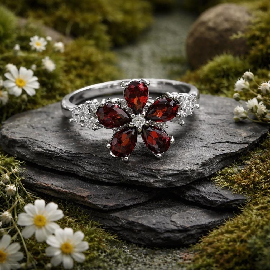 Red Garnet Flower Spinning Ring in 925 Sterling Silver - Motion Fidget Bypass Adjustable Jewellery Celtic Dragon Jewellery