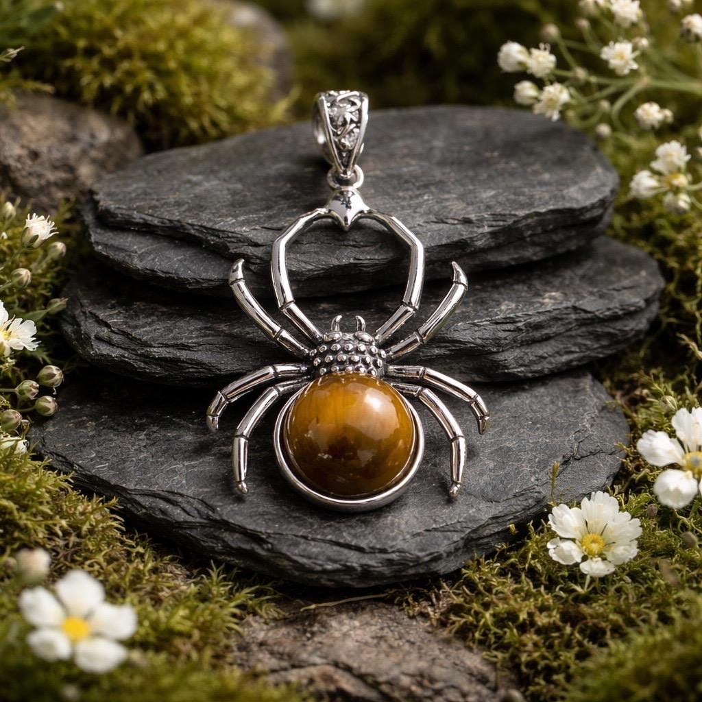 Spider Pendant with Gold Tigers Eye in 925 Sterling Silver Celtic Dragon Jewellery