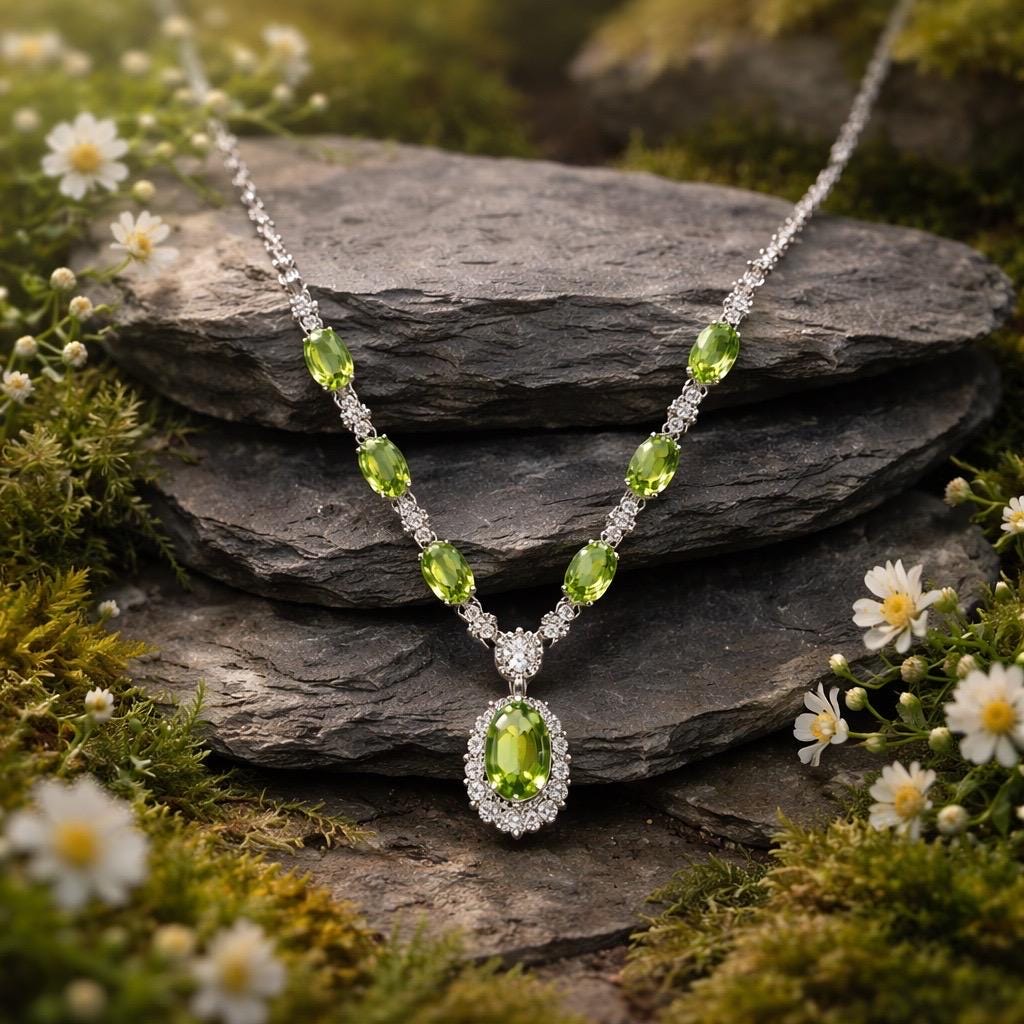 Peridot Gemstone Necklace with CZ Accents in 925 Sterling Silver With Gift Box Celtic Dragon Jewellery