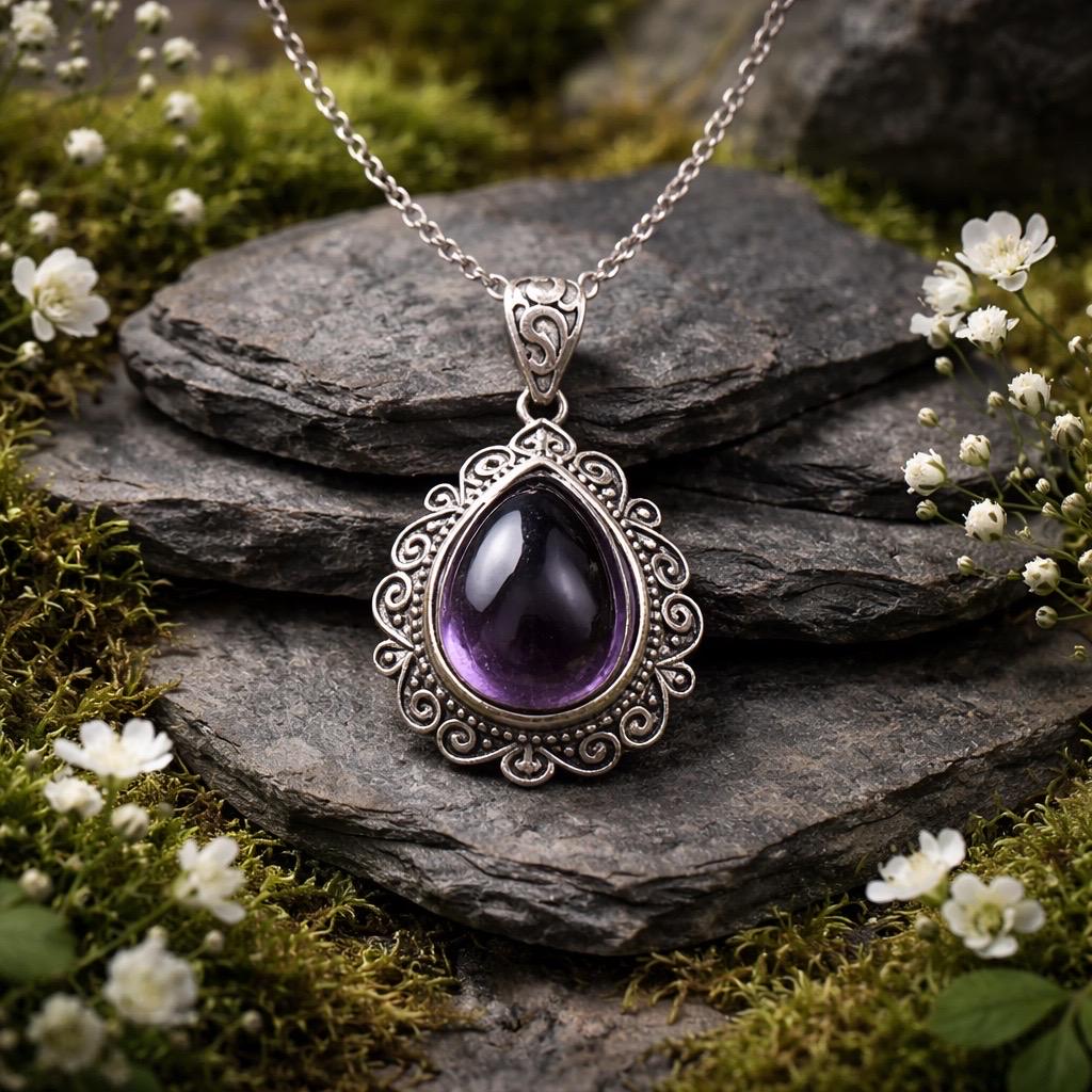Amethyst Teardrop Pendant in 925 Sterling Silver - Ornate Gothic Jewellery Celtic Dragon Jewellery