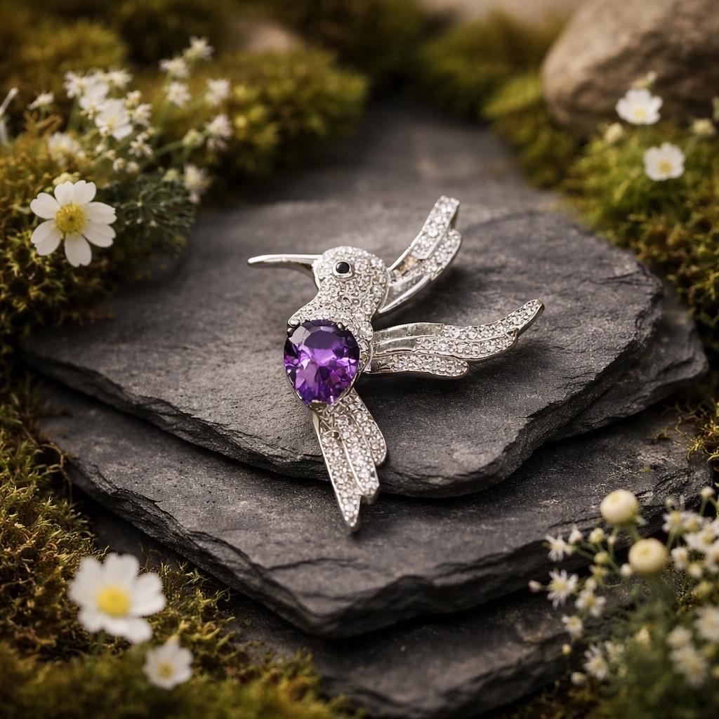 Sterling Silver Hummingbird Pendant – Amethyst Gemstone, CZ Accents (Gift Boxed) Celtic Dragon Jewellery