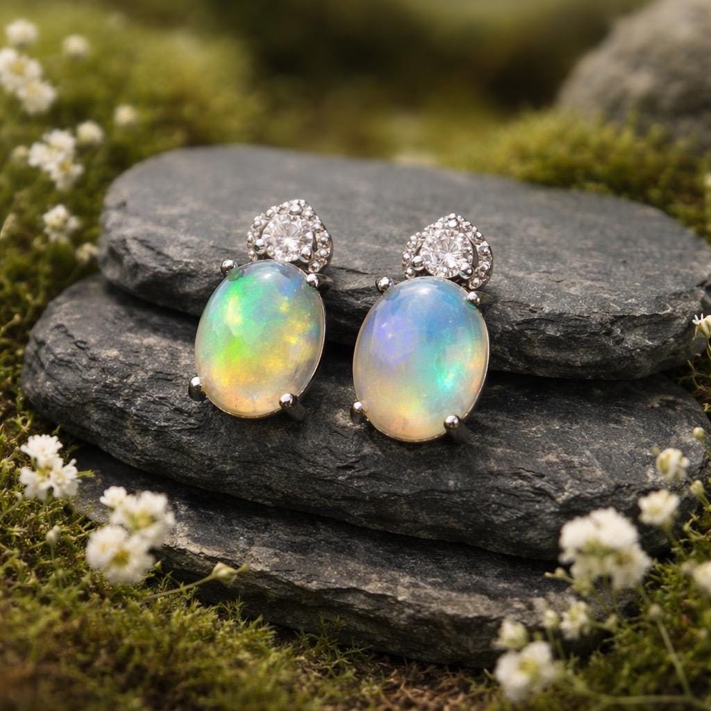 Opal Earrings with CZ Accents in 925 Sterling Silver