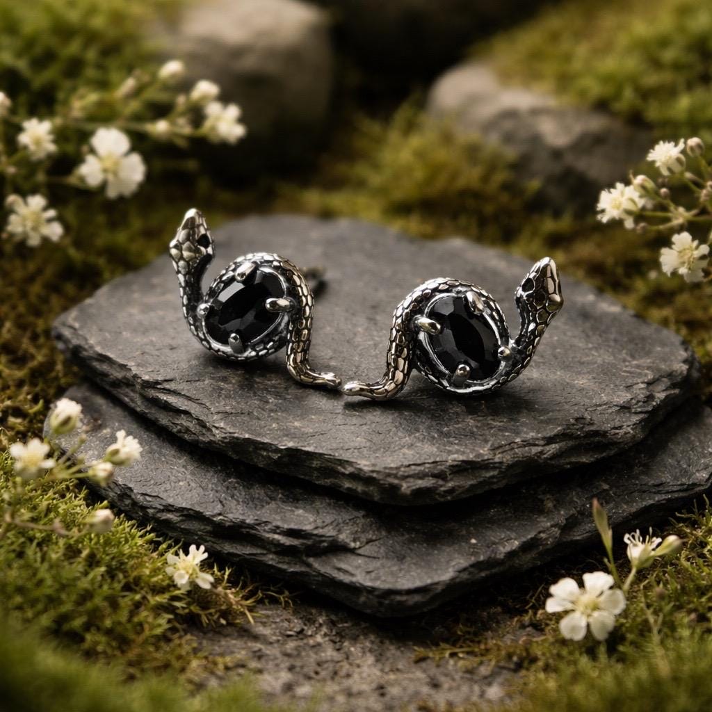 Small Snake Earrings With Black Spinel Gemstones - 925 Sterling Silver - Gothic Serpent Jewellery Celtic Dragon Jewellery