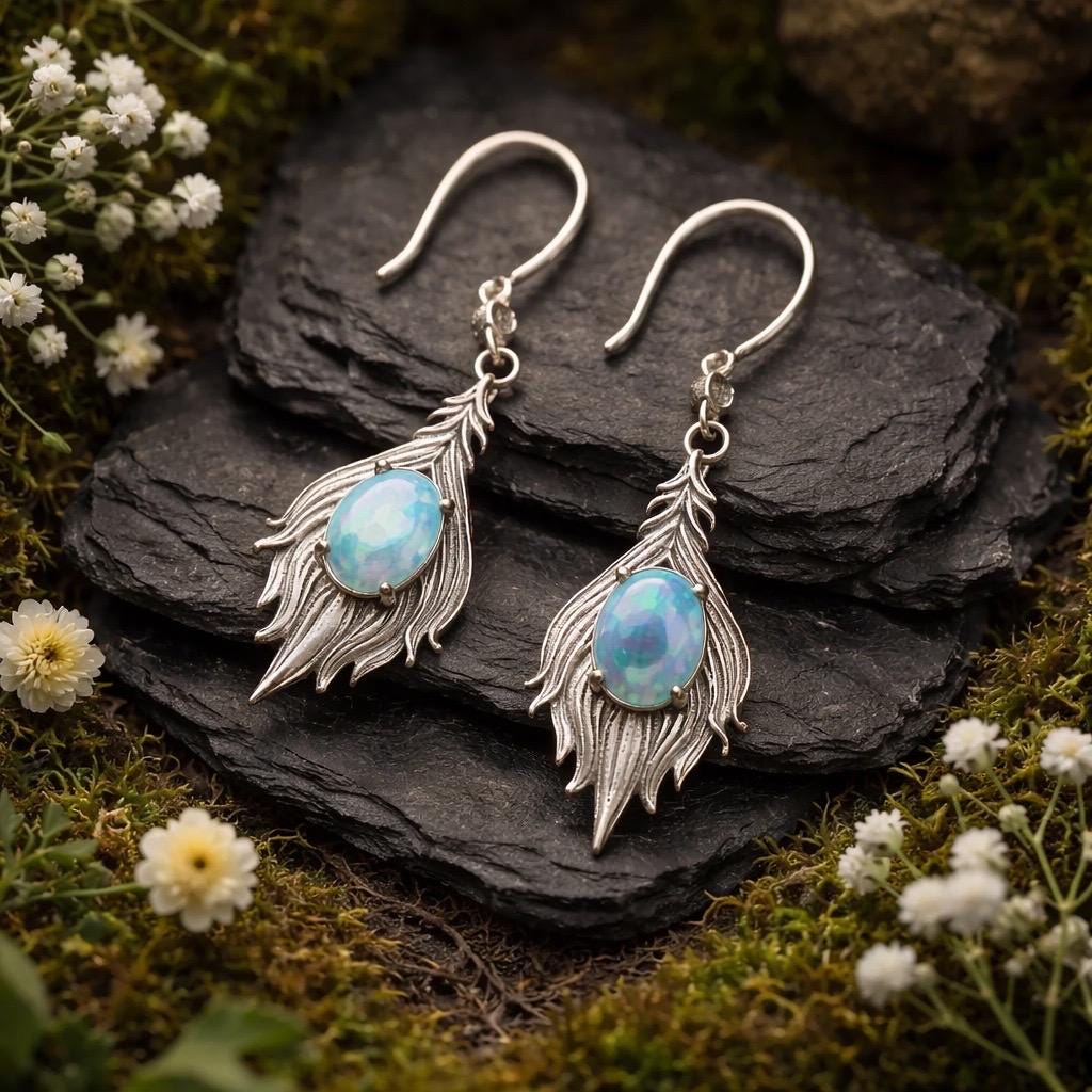 Elegant Opal Feather Earrings: 925 Silver Dangle Gemstone Jewellery with Gift Box Celtic Dragon Jewellery