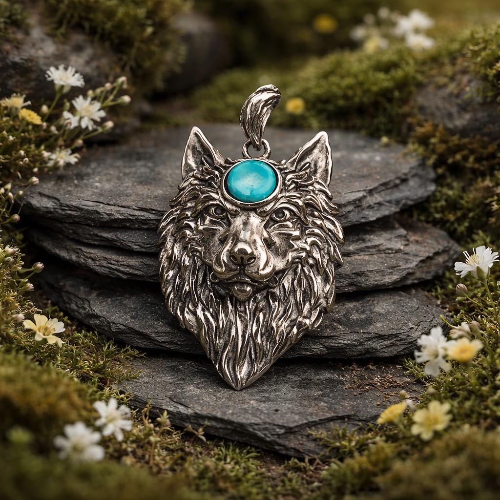 Turquoise Wolf Head Pendant in 925 Sterling Silver - Shaman Jewellery Celtic Dragon Jewellery
