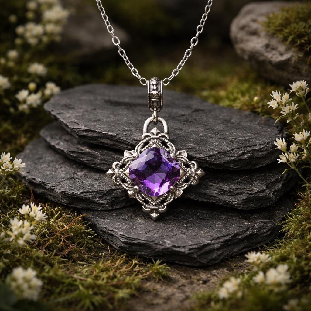 Fleur De Lys Amethyst Pendant in 925 Sterling Silver Celtic Dragon Jewellery