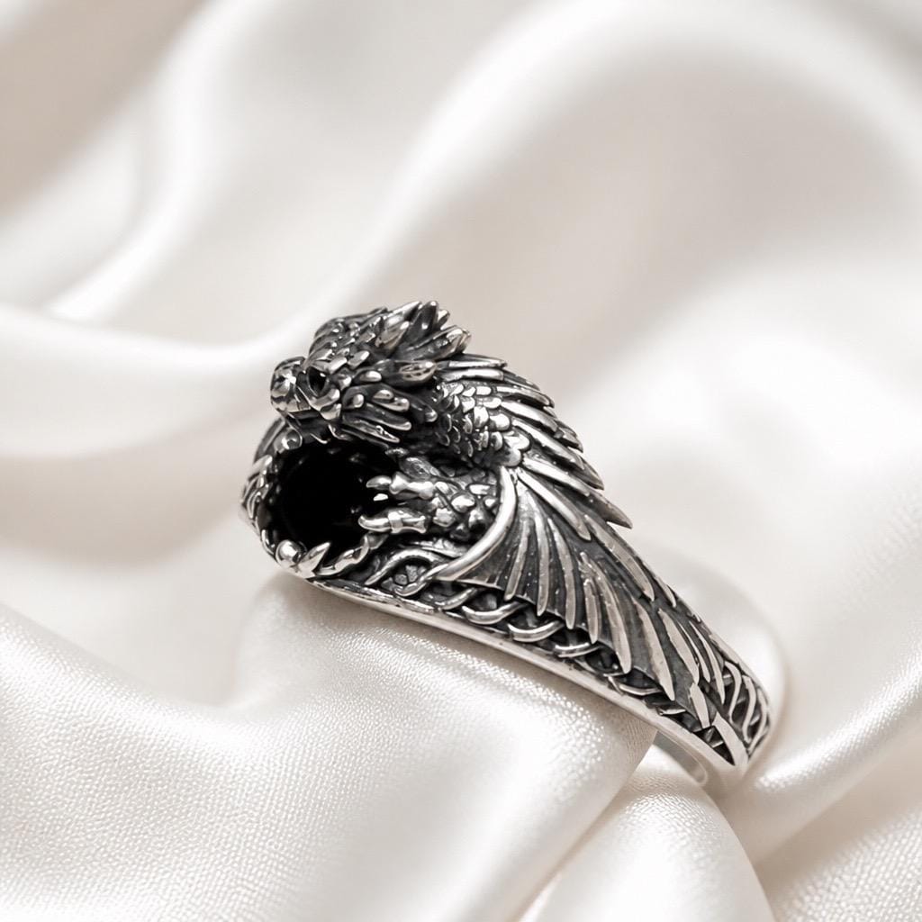 Celtic Dragon Ring with Black CZ, in 925 Sterling Silver - Limited Edition Goth Jewellery Celtic Dragon Jewellery