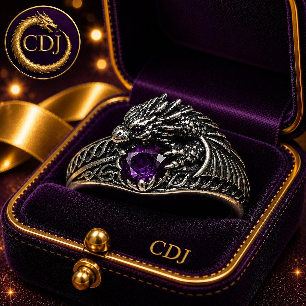 Dragon Ring with Purple CZ, in 925 Sterling Silver - Exclusive Design Goth Jewellery Celtic Dragon Jewellery