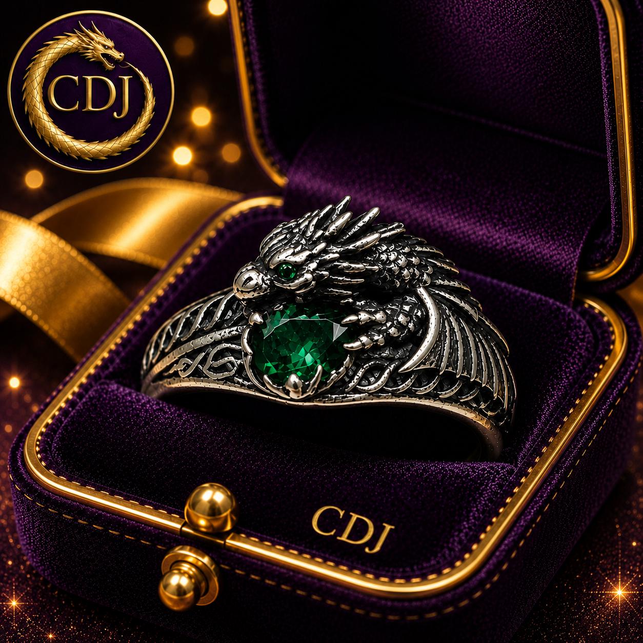 Celtic Dragon Ring with Green CZ, in 925 Sterling Silver - Limited Edition Goth Jewellery Celtic Dragon Jewellery