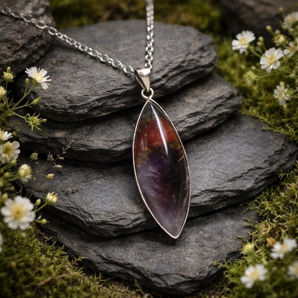 Cacoxenite Included Amethyst Pendant in 925 Sterling Silver - Golden Firework Inclusion Quartz Celtic Dragon Jewellery