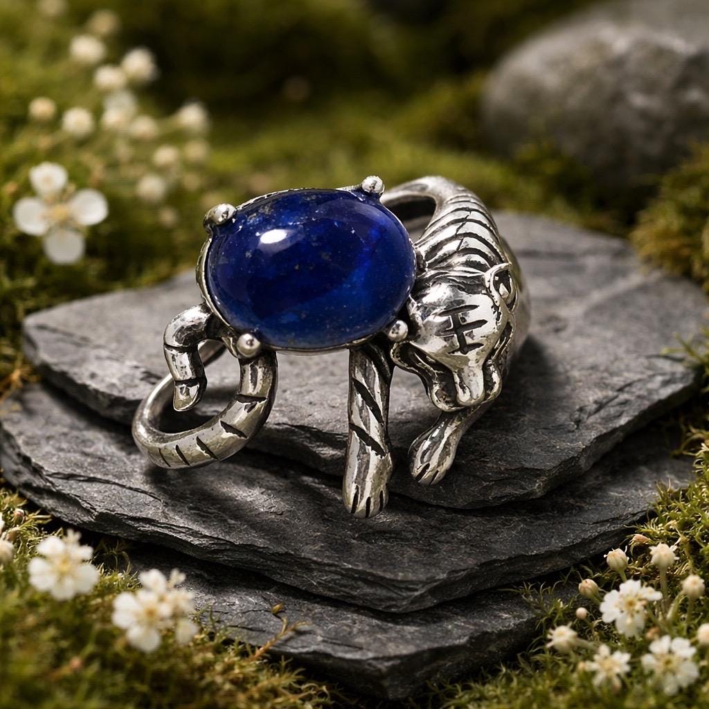Tiger Ring with Lapis Lazuli in 925 Sterling Silver & Adjustable Band Celtic Dragon Jewellery