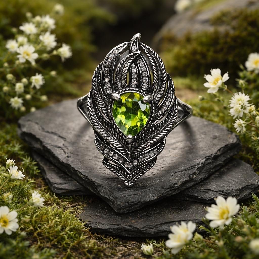 Peacock Feather Ring with Peridot in 925 Sterling Silver & Adjustable Band Celtic Dragon Jewellery