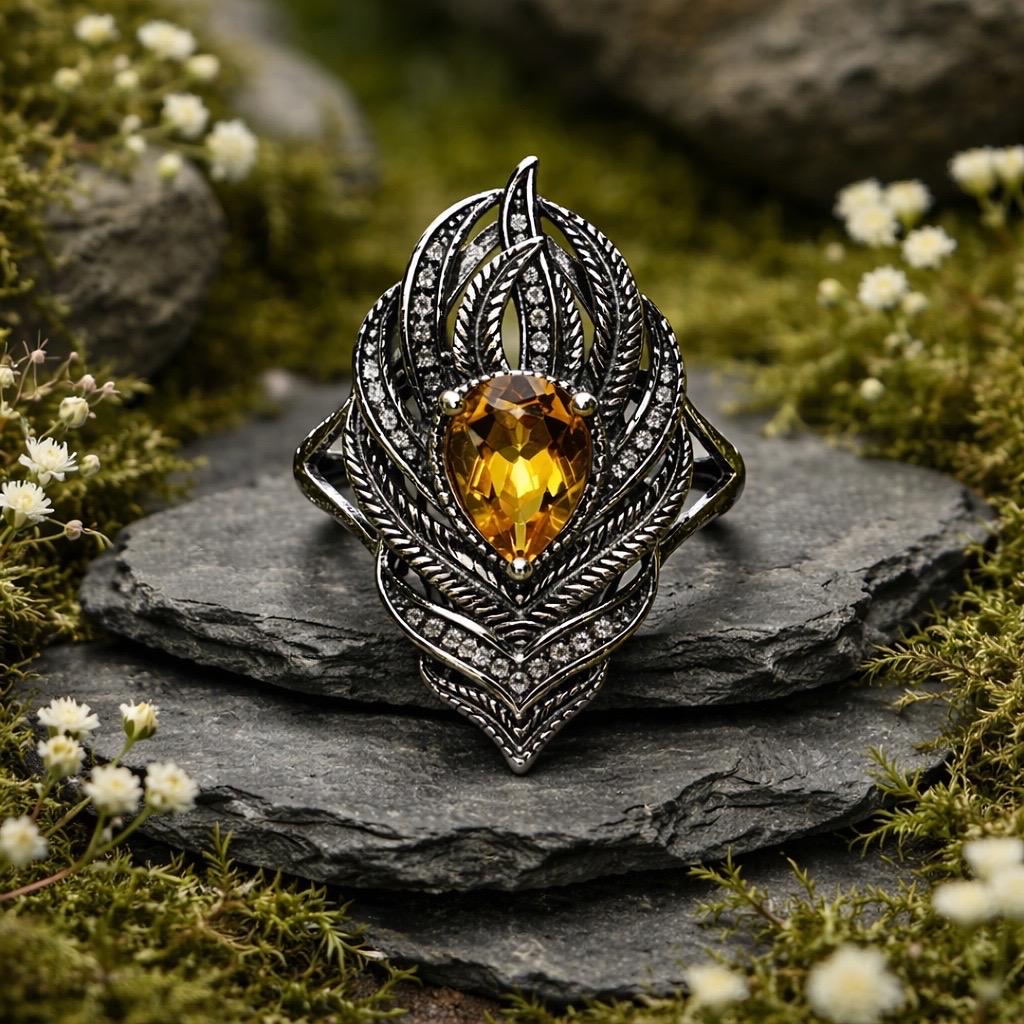 Peacock Feather Ring with Citrine in 925 Sterling Silver & Adjustable Band Celtic Dragon Jewellery