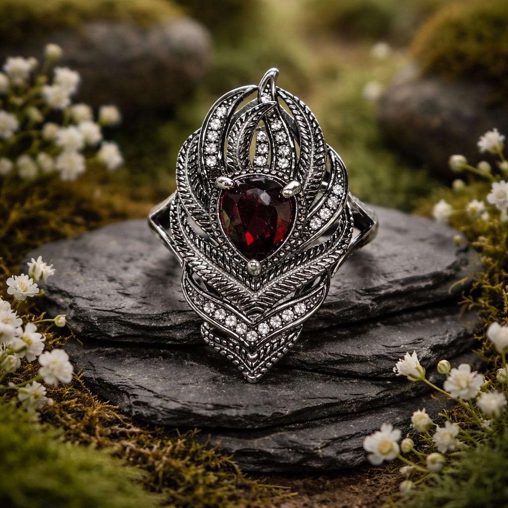 Peacock Feather Ring with Red Garnet in 925 Sterling Silver & Adjustable Band Celtic Dragon Jewellery