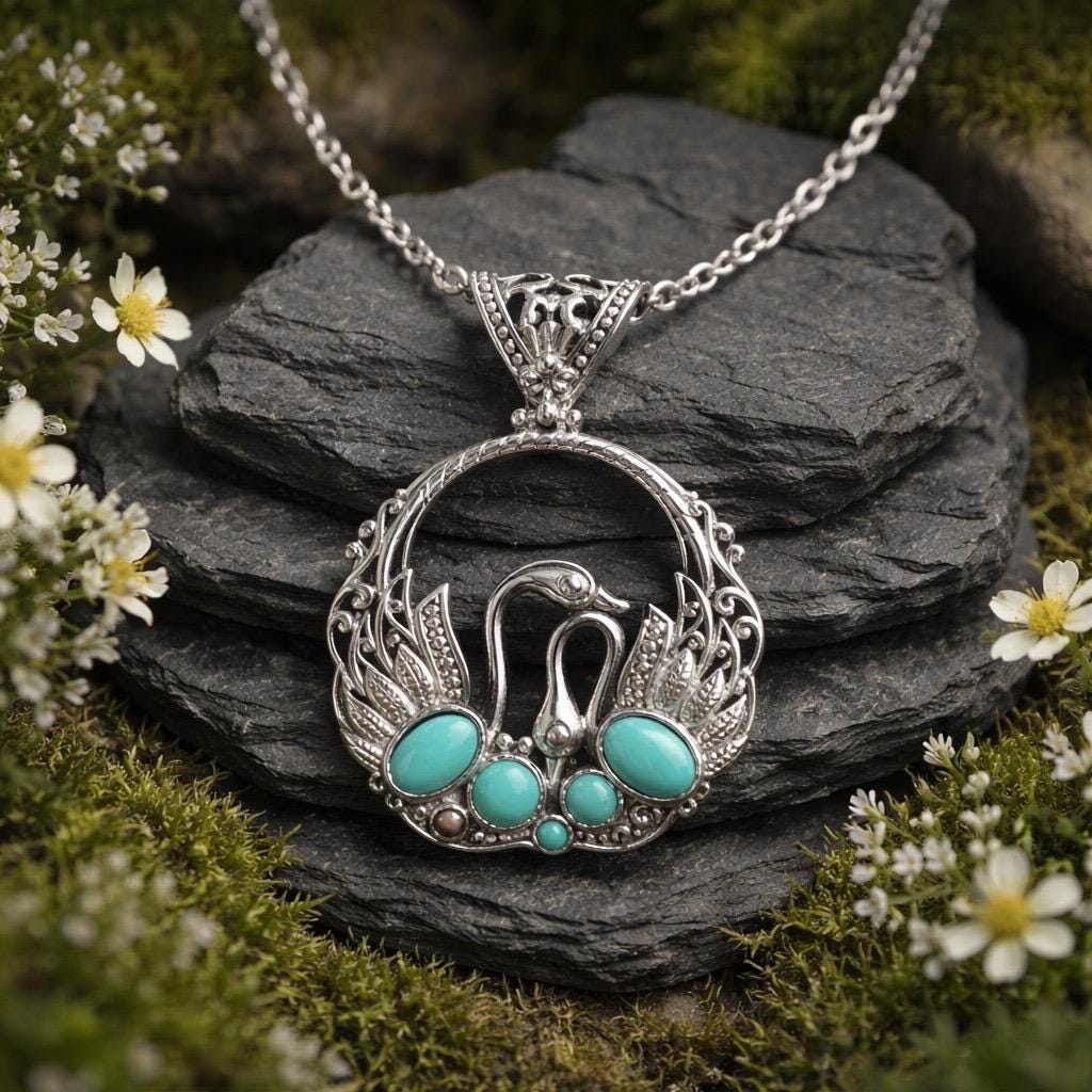 Swan Pendant with Genuine Turquoise in 925 Sterling Silver
