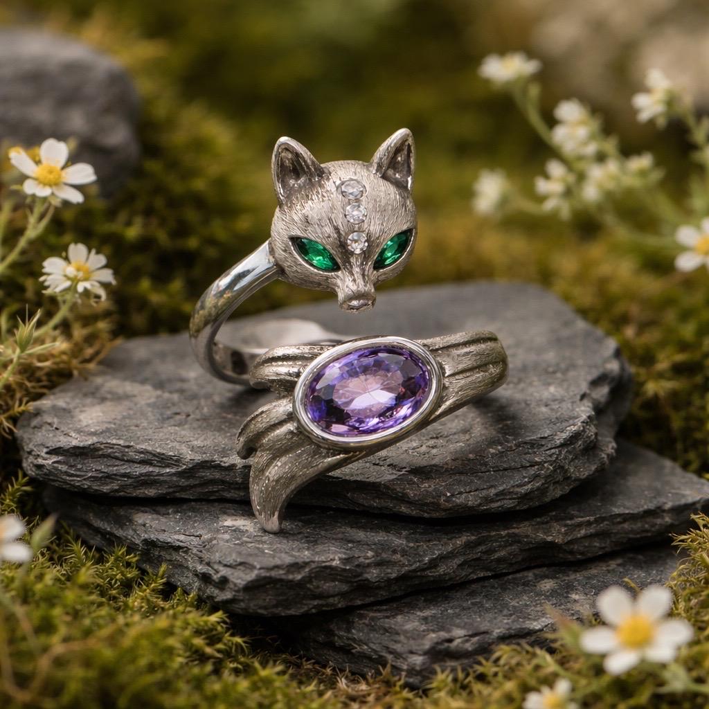 Fox Ring with Amethyst in 925 Burnished Sterling Silver & Adjustable Band Celtic Dragon Jewellery