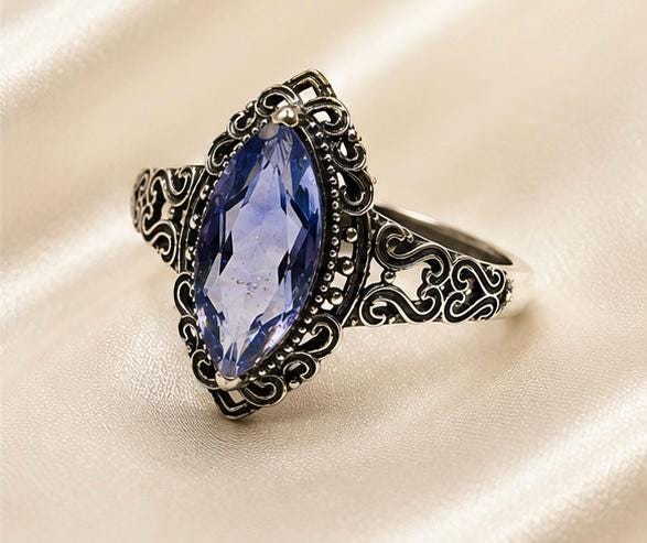 Blue Fluorite Marquise Ring in 925 Sterling Silver - Adjustable Victorian Style Jewellery Celtic Dragon Jewellery