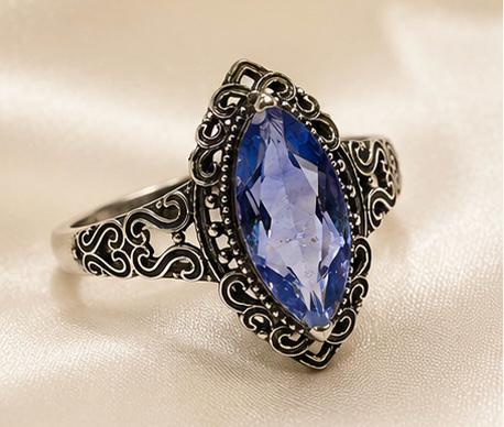 Blue Fluorite Marquise Ring in 925 Sterling Silver - Adjustable Victorian Style Jewellery Celtic Dragon Jewellery