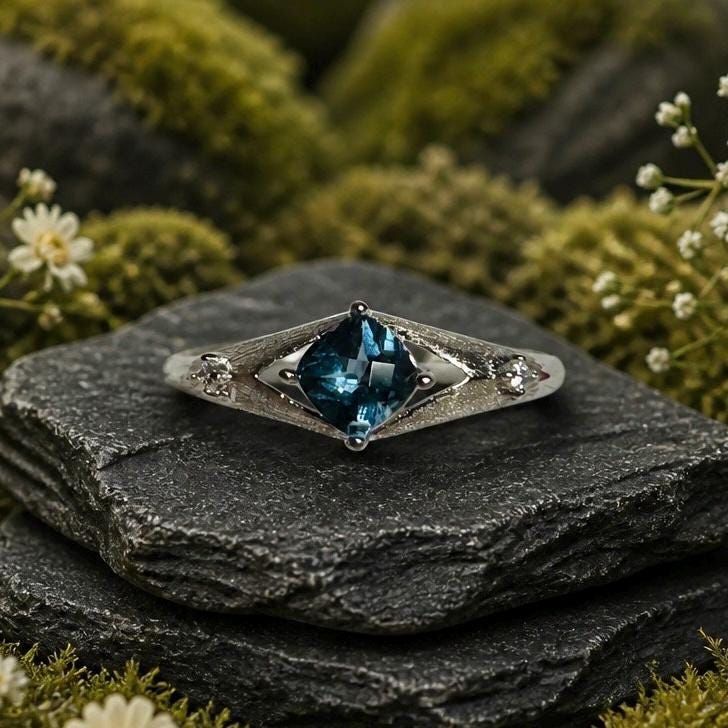 Blue Topaz Solitaire Ring in 925 Sterling Silver - Geometric CZ Accent, Adjustable Band Celtic Dragon Jewellery