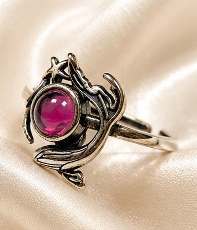 Whale Ring with Pink Garnet in 925 Sterling Silver - Adjustable Sea Life Jewellery Celtic Dragon Jewellery