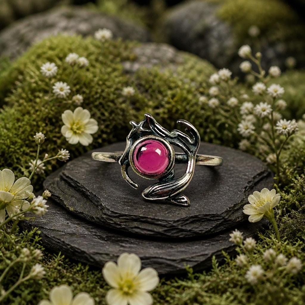 Whale Ring with Pink Garnet in 925 Sterling Silver - Adjustable Sea Life Jewellery Celtic Dragon Jewellery