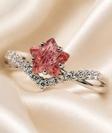 Strawberry Quartz Star Ring – CZ Accents, Sterling Silver, Adjustable Chevron Goth Jewellery Celtic Dragon Jewellery