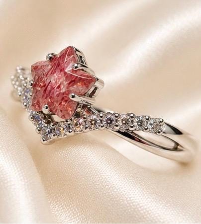 Strawberry Quartz Star Ring – CZ Accents, Sterling Silver, Adjustable Chevron Goth Jewellery Celtic Dragon Jewellery