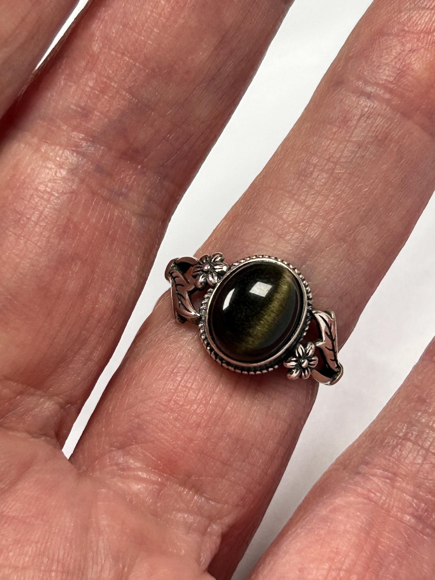 Oval Gold Obsidian Floral Ring in 925 Sterling Silver - Adjustable Forest Goth Nature Jewellery Celtic Dragon Jewellery