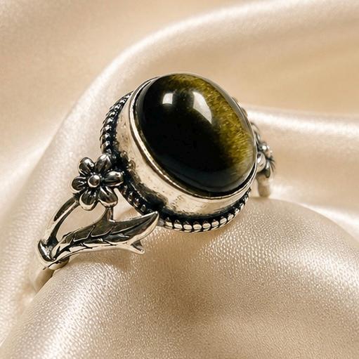Oval Gold Obsidian Floral Ring in 925 Sterling Silver - Adjustable Forest Goth Nature Jewellery Celtic Dragon Jewellery