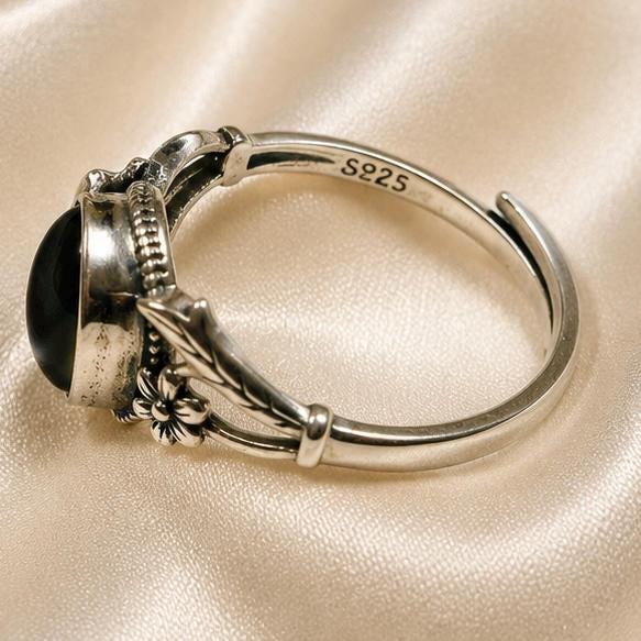 Oval Gold Obsidian Floral Ring in 925 Sterling Silver - Adjustable Forest Goth Nature Jewellery Celtic Dragon Jewellery