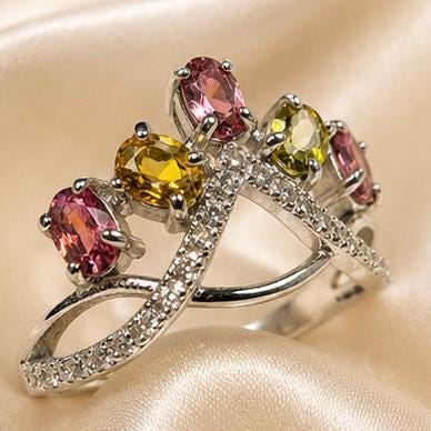 Tiara Ring with Pink & Green Tourmaline in 925 Sterling Silver - Adjustable Goth Crown Jewellery Celtic Dragon Jewellery
