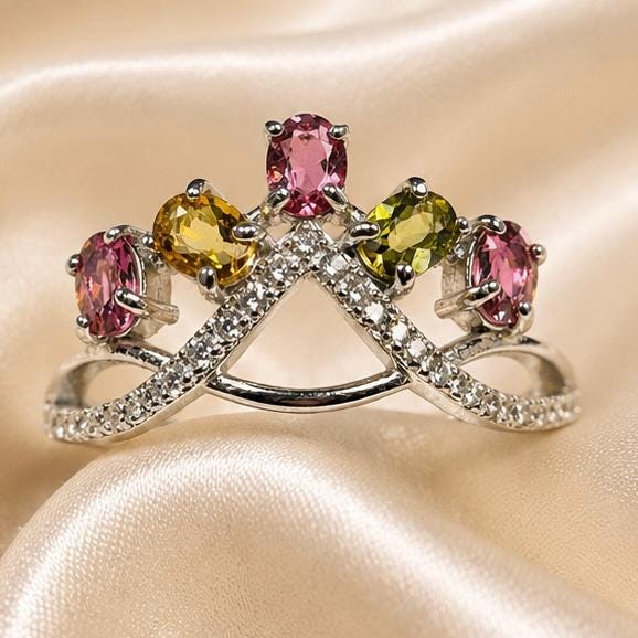 Tiara Ring with Pink & Green Tourmaline in 925 Sterling Silver - Adjustable Goth Crown Jewellery Celtic Dragon Jewellery
