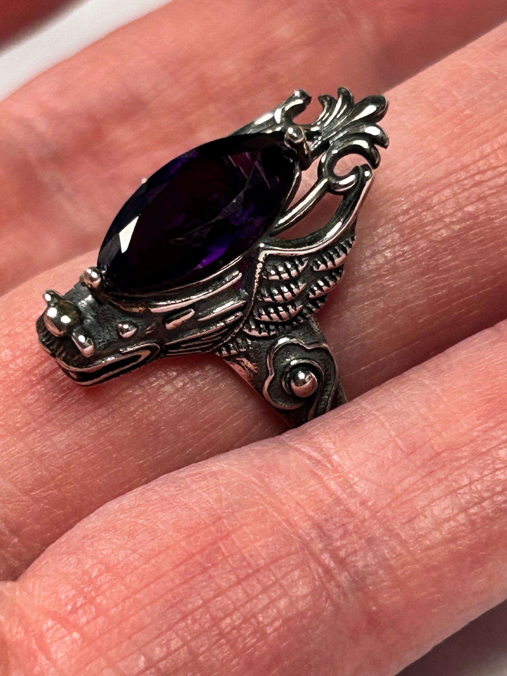 Dragon Ring with Marquise Amethyst in 925 Sterling Silver - Adjustable Gothic Jewellery Celtic Dragon Jewellery