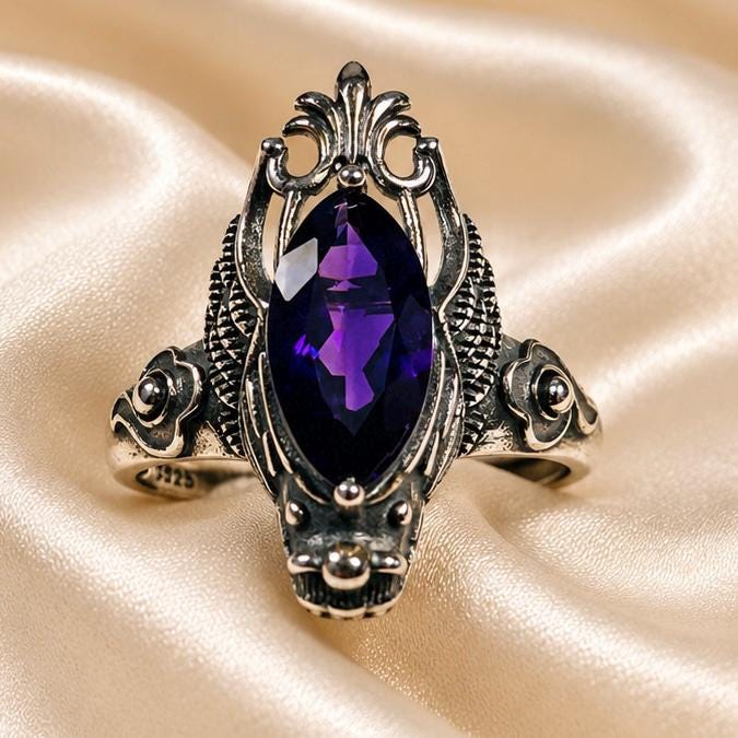 Dragon Ring with Marquise Amethyst in 925 Sterling Silver - Adjustable Gothic Jewellery Celtic Dragon Jewellery