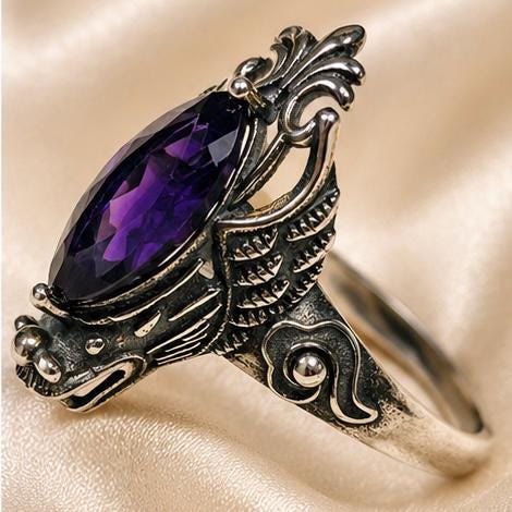 Dragon Ring with Marquise Amethyst in 925 Sterling Silver - Adjustable Gothic Jewellery Celtic Dragon Jewellery