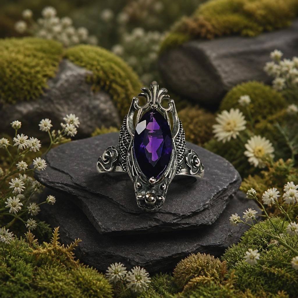 Dragon Ring with Marquise Amethyst in 925 Sterling Silver - Adjustable Gothic Jewellery Celtic Dragon Jewellery