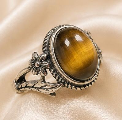 Tiger’s Eye Floral Ring in 925 Sterling Silver - Adjustable Forest Goth Nature Jewellery Celtic Dragon Jewellery