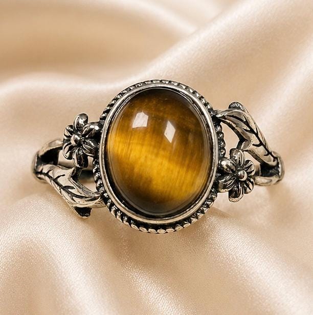 Tiger’s Eye Floral Ring in 925 Sterling Silver - Adjustable Forest Goth Nature Jewellery Celtic Dragon Jewellery