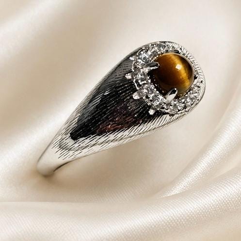 Sterling Silver Tiger's Eye Ring with CZ Accents – Adjustable Goth Statement Jewellery Celtic Dragon Jewellery