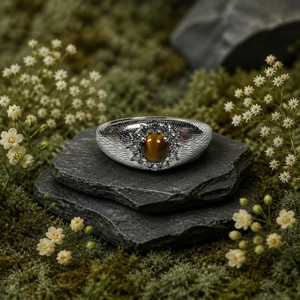 Sterling Silver Tiger's Eye Ring with CZ Accents – Adjustable Goth Statement Jewellery