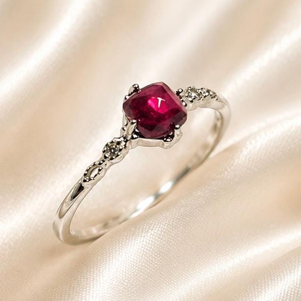 Pink Garnet Solitaire Ring in 925 Sterling Silver - Adjustable Dainty Beaded Goth Jewellery Celtic Dragon Jewellery