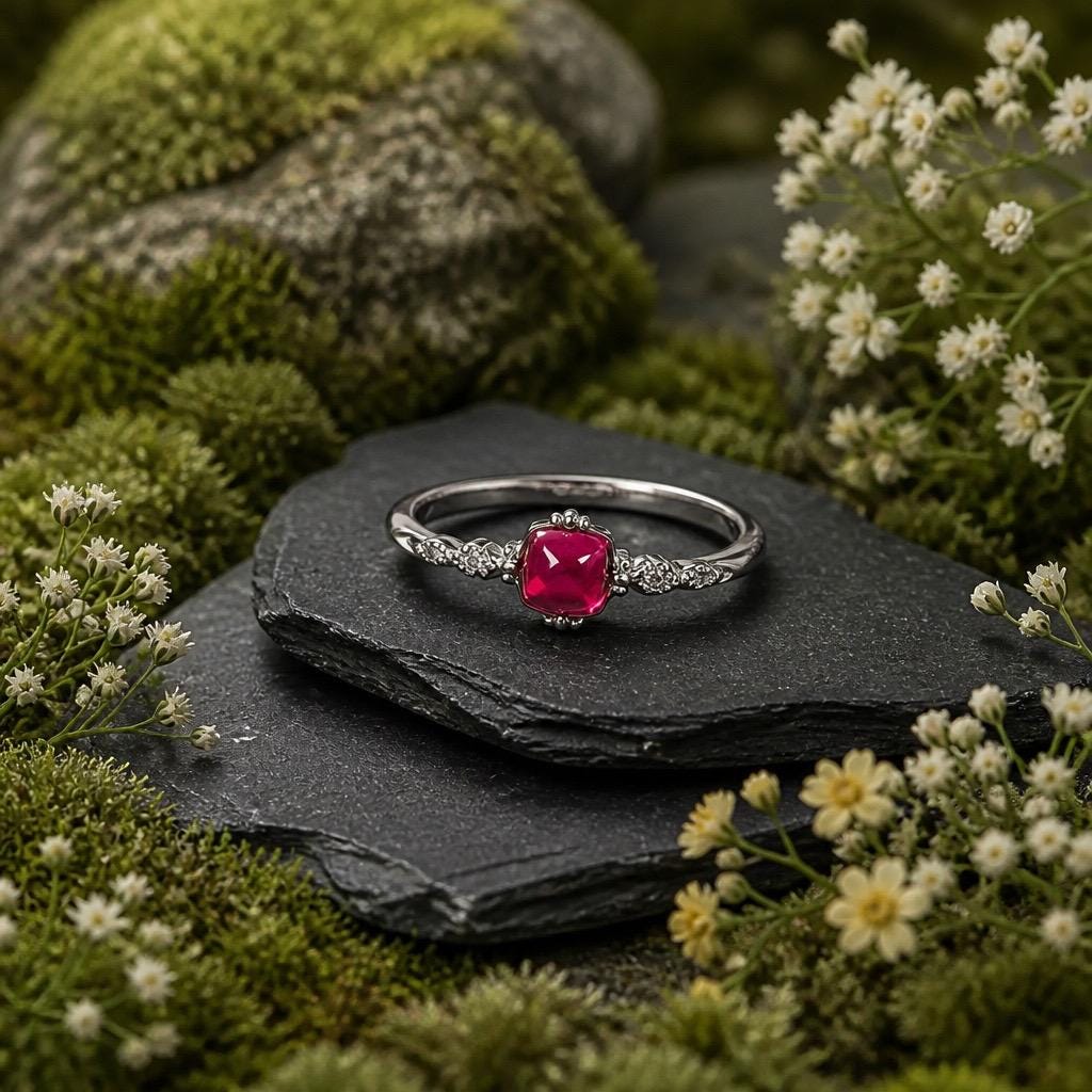 Pink Garnet Solitaire Ring in 925 Sterling Silver - Adjustable Dainty Beaded Goth Jewellery Celtic Dragon Jewellery